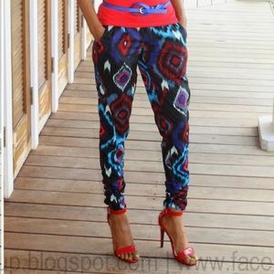 CR Blue & Red Ikat Print High Waist Harem Pants